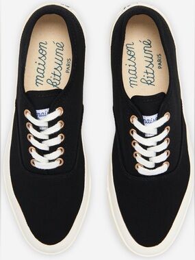 Maison Kitsuné Paris Canvas Deck Sneakers | Black & White | Size EU 36 / US 5.5